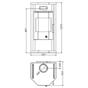 Technische Zeichnung Wamsler Thyra Kaminofen Naturstein Grau 6 kW mit Maßen.