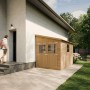 Timbela Anbau-Gartenhaus M339A aus Holz mit Doppeltür und Seitenwand. Gartenhaus ohne Boden.