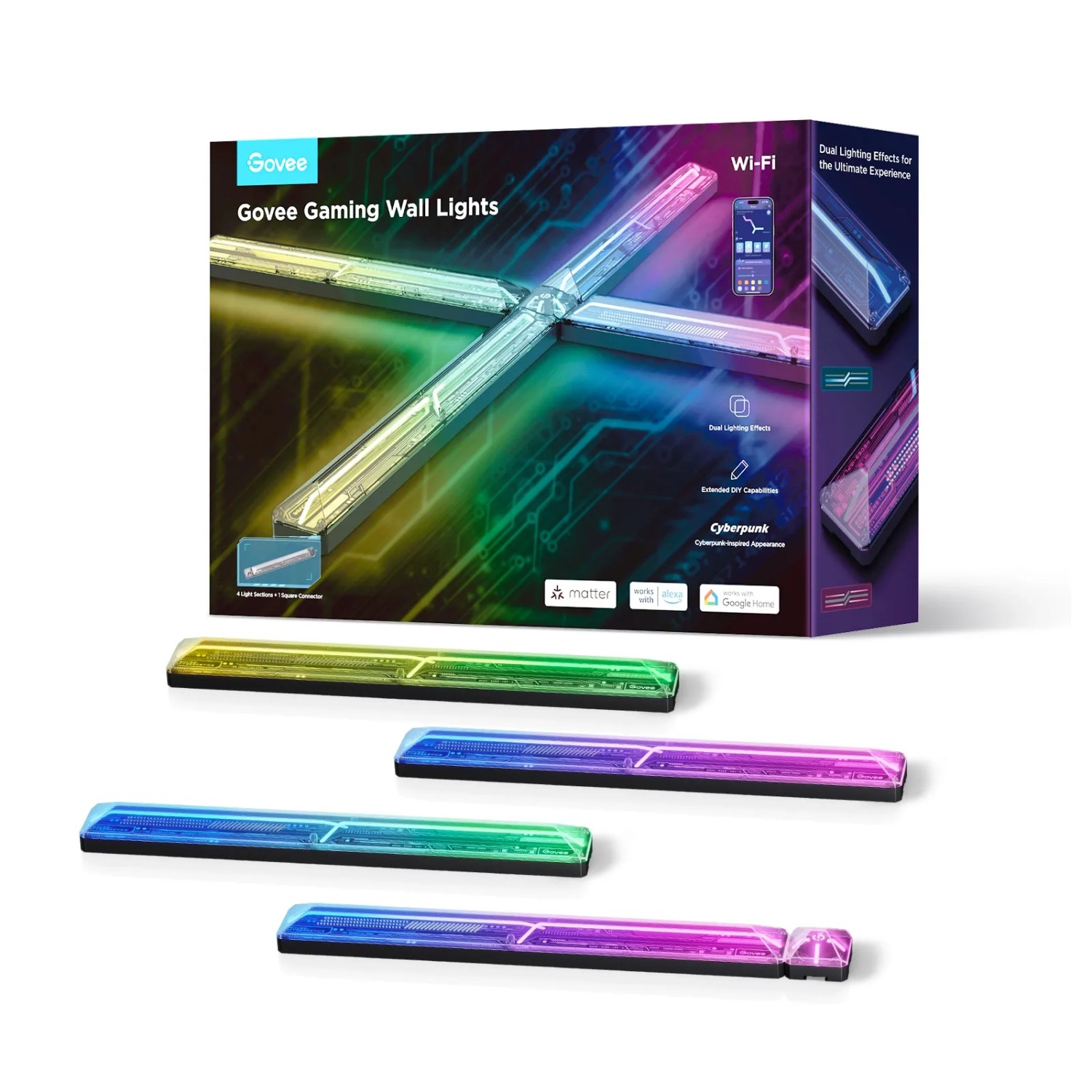 Govee Gaming-Wandleuchten 4+1 H6063 mit RGBIC-Farben und Zubehör.