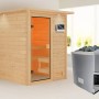 Woodfeeling Sauna Sandra mit Ofen, externer Steuerung und LED-Dachkranz.