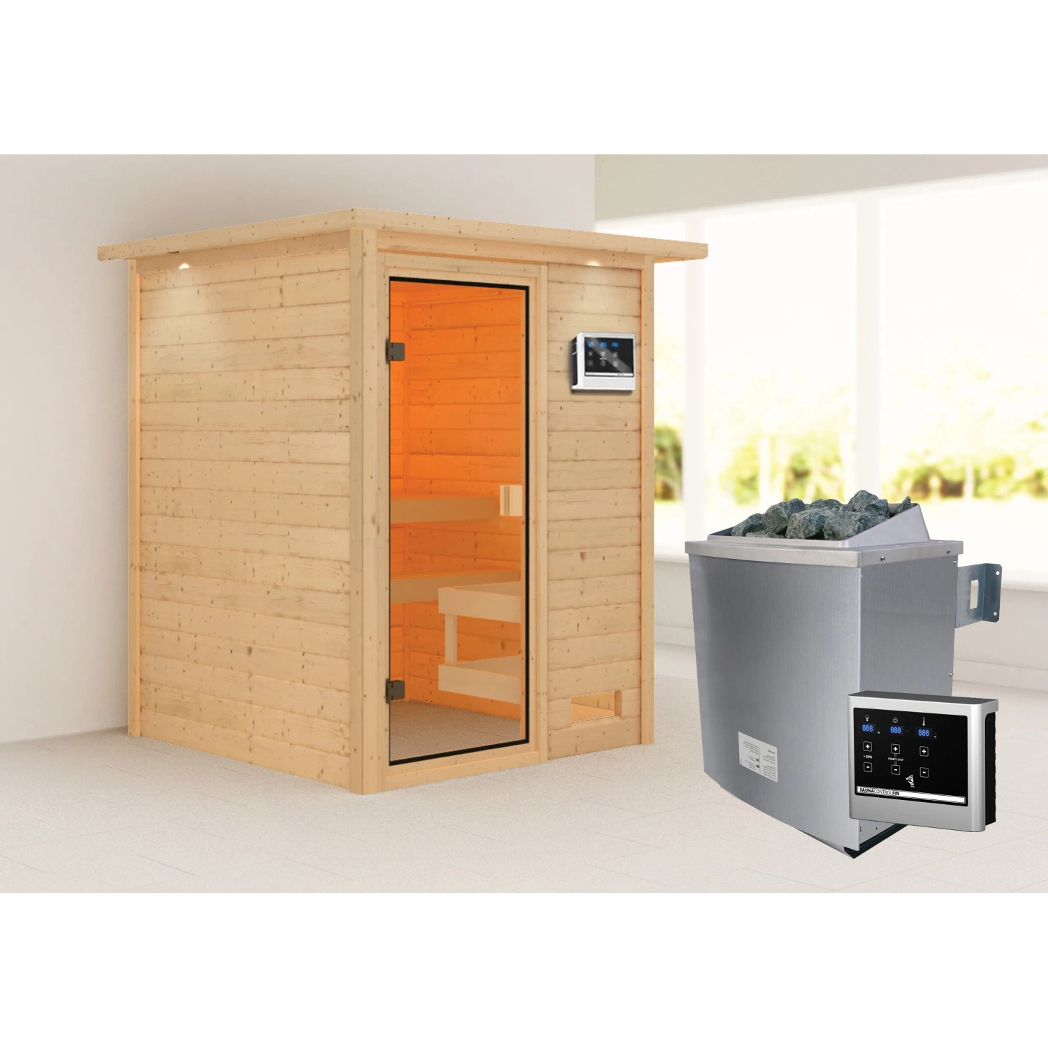 Woodfeeling Sauna Sandra mit Ofen, externer Steuerung und LED-Dachkranz.