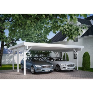 Weißes Kiehn-Holz Doppelcarport KH 310 mit zwei parkenden Autos.