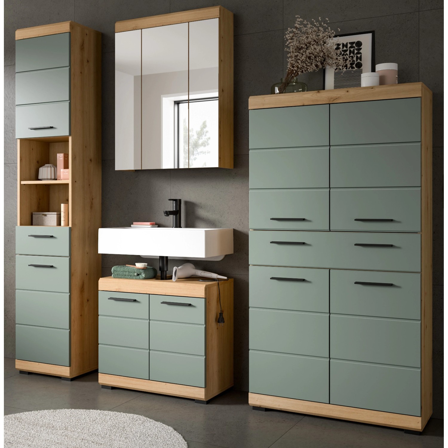 Inn.Furn Badmöbel Set in Grün und Eiche 4-teilig mit Spiegel Shawn günstig online kaufen