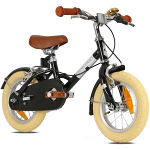 Schwarzes PROMETHEUS Kinderfahrrad 12 Zoll im Retro Look mit cremefarbenen Reifen, braunem Sattel und Felgenbremse.
