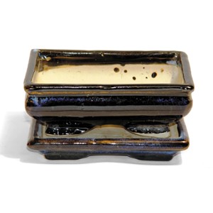 Rechteckige Bonsai Schale mit Unterteller, ca. 15 cm Durchmesser, aus Keramik in Braun und Beige.