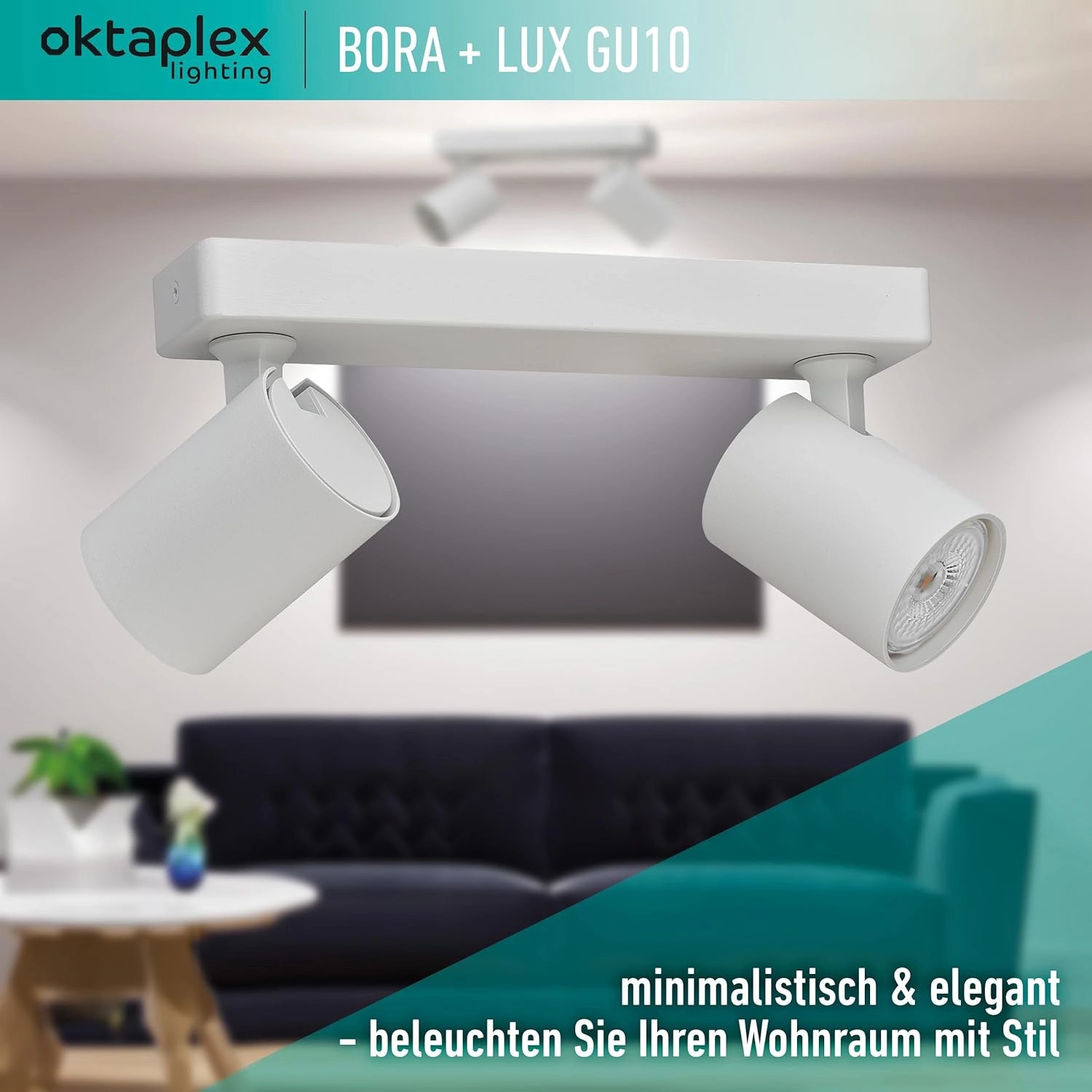 Weißer Oktaplex Bora LED Spotbalken, 2-flammig, dimmbar, mit GU10 Leuchtmitteln. Deckenleuchte im Wohnraum.