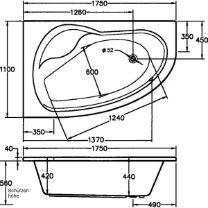 Technische Zeichnung der weißen Eckbadewanne Loredana, 175x111 cm, mit Maßangaben.