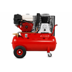 Roter mobiler Benzinkompressor mit Honda Motor und 100-Liter-Tank für Sandstrahl-Komplettset.