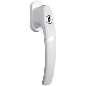 Weißer, abschließbarer JM Meeth Fenstergriff für erhöhte Sicherheit.