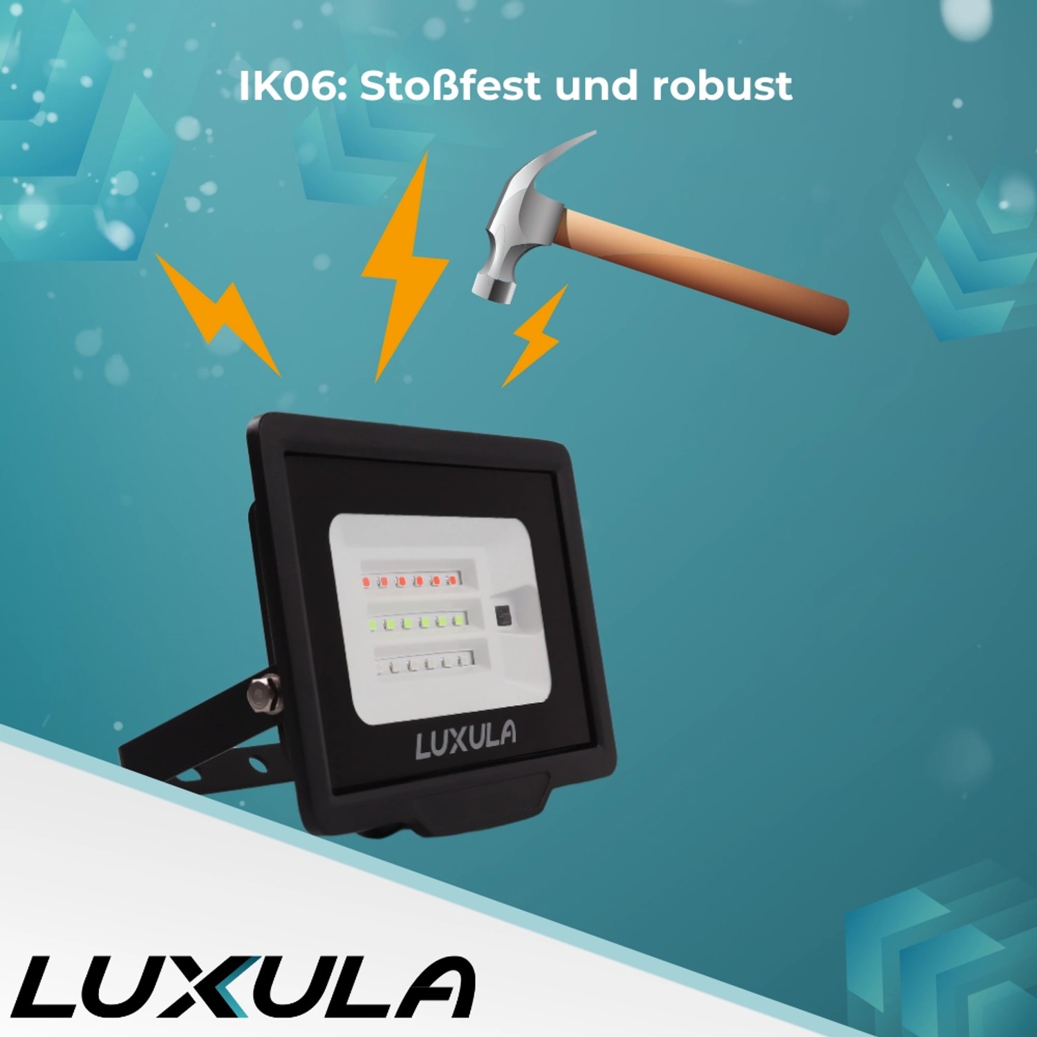 Schwarzer LUXULA LED-Strahler 100W, stoßfest (IK06) mit Hammer-Symbol für Robustheit.