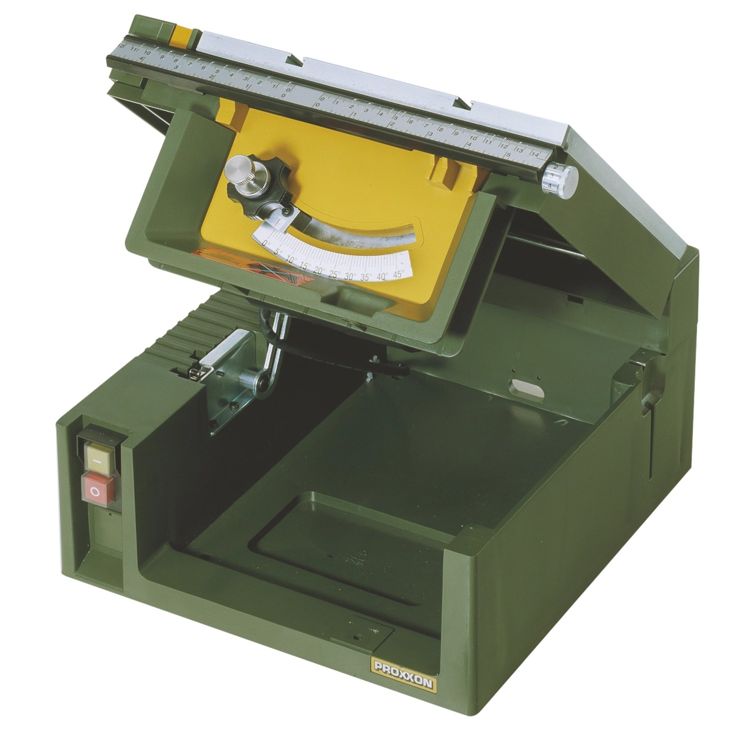 Proxxon Feinschnitt-Tischkreissäge FET 200 W mit Winkelverstellung und gelbem Sägeblattschutz.