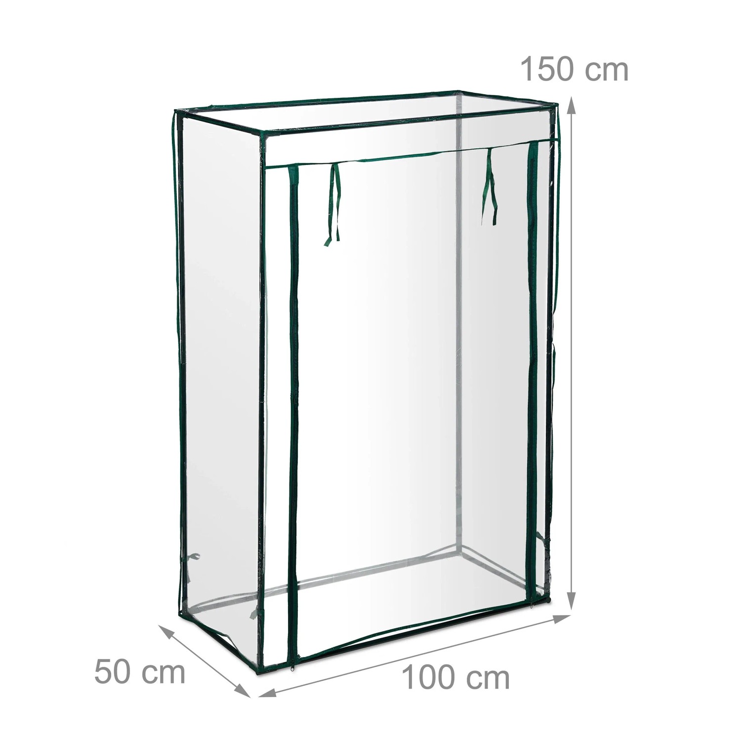 Transparentes Tomatengewächshaus aus PVC mit dunkelgrünem Stahlrahmen, 150x100x50 cm, für Pflanzenanzucht.