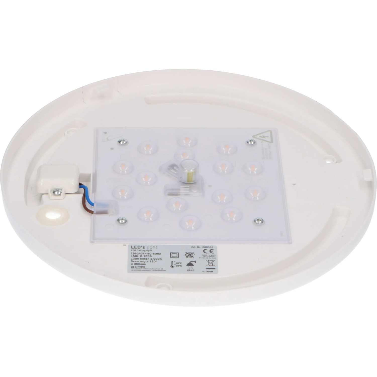 Weiße LED-Deckenleuchte, 15W, 4000K, IP44, Ø 30cm, für Bad und Küche geeignet.