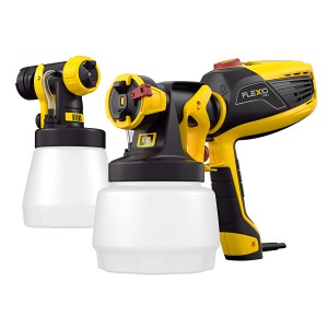 Wagner Farbsprühsystem W 590: Gelb-schwarzes Sprühgerät mit zwei Aufsätzen für Farbe und Lack.