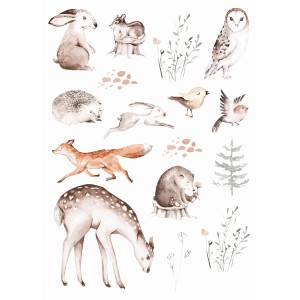 ESTAhome Wandtattoo Waldtiere braun: Reh, Fuchs, Hase, Igel, Eule und Vögel für Kinderzimmer.