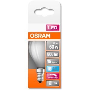 Osram E14 LED-Lampe in Tropfenform, 6,5W, 806lm, dimmbar, für stimmungsvolles Licht.