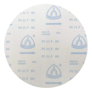 Runde Klingspor Schleifscheibe PS21FK, Klettseite, weiß mit blauem Logo und Produktinformationen. Zubehör für Schleifer.