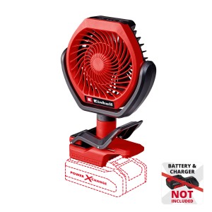 Einhell Akku-Ventilator GC-CF 18/110 Li-Solo, roter, kompakter Ventilator mit Clip-Halterung.