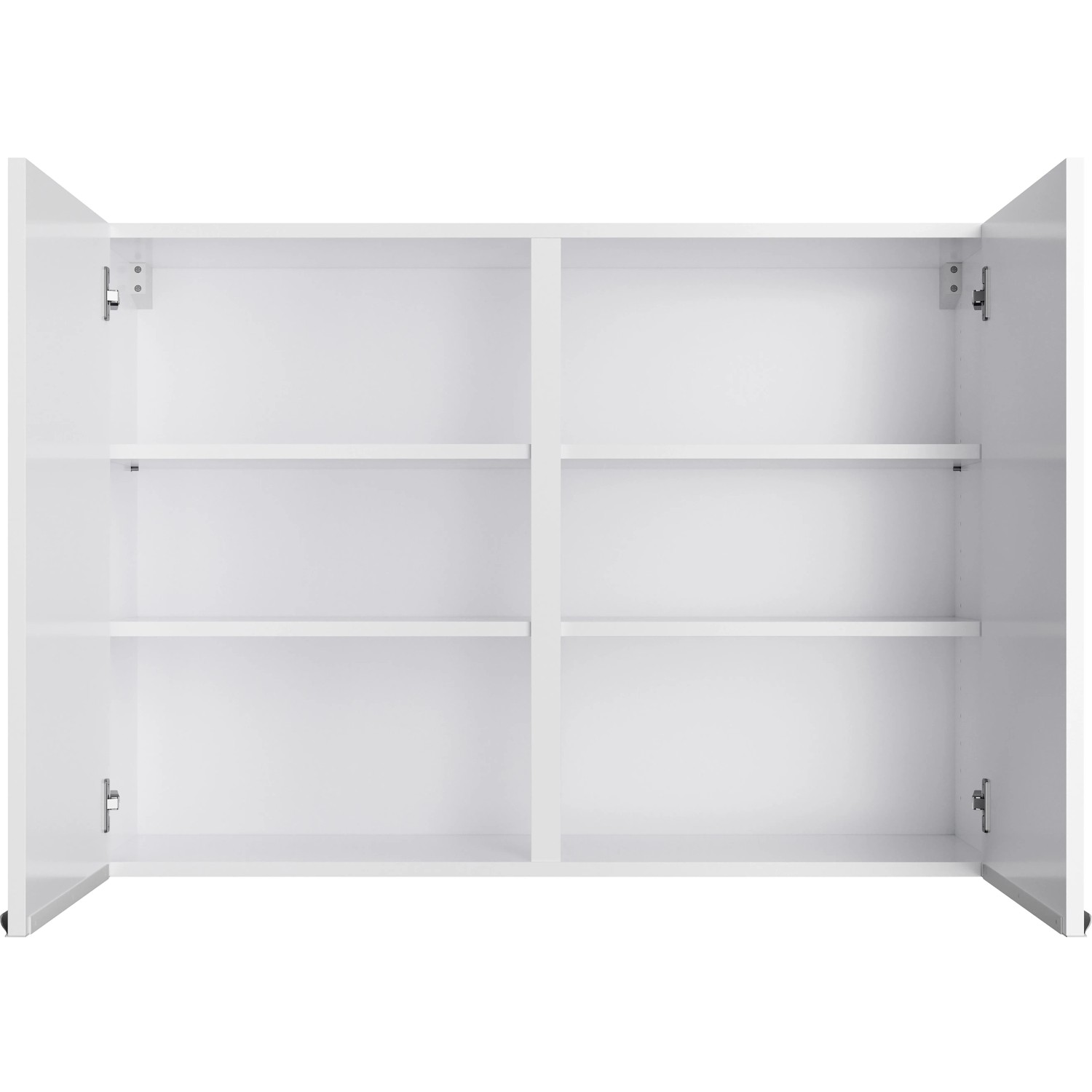 Optifit Arvid986 Küchen-Hängeschrank, 100 cm breit, weiß mit offenen Türen und zwei Einlegeböden.