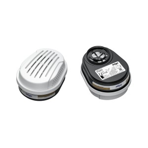 Dräger Kombinationsfilter A2P3 R D, 2er-Set für Atemschutzmasken, weiß und schwarz.