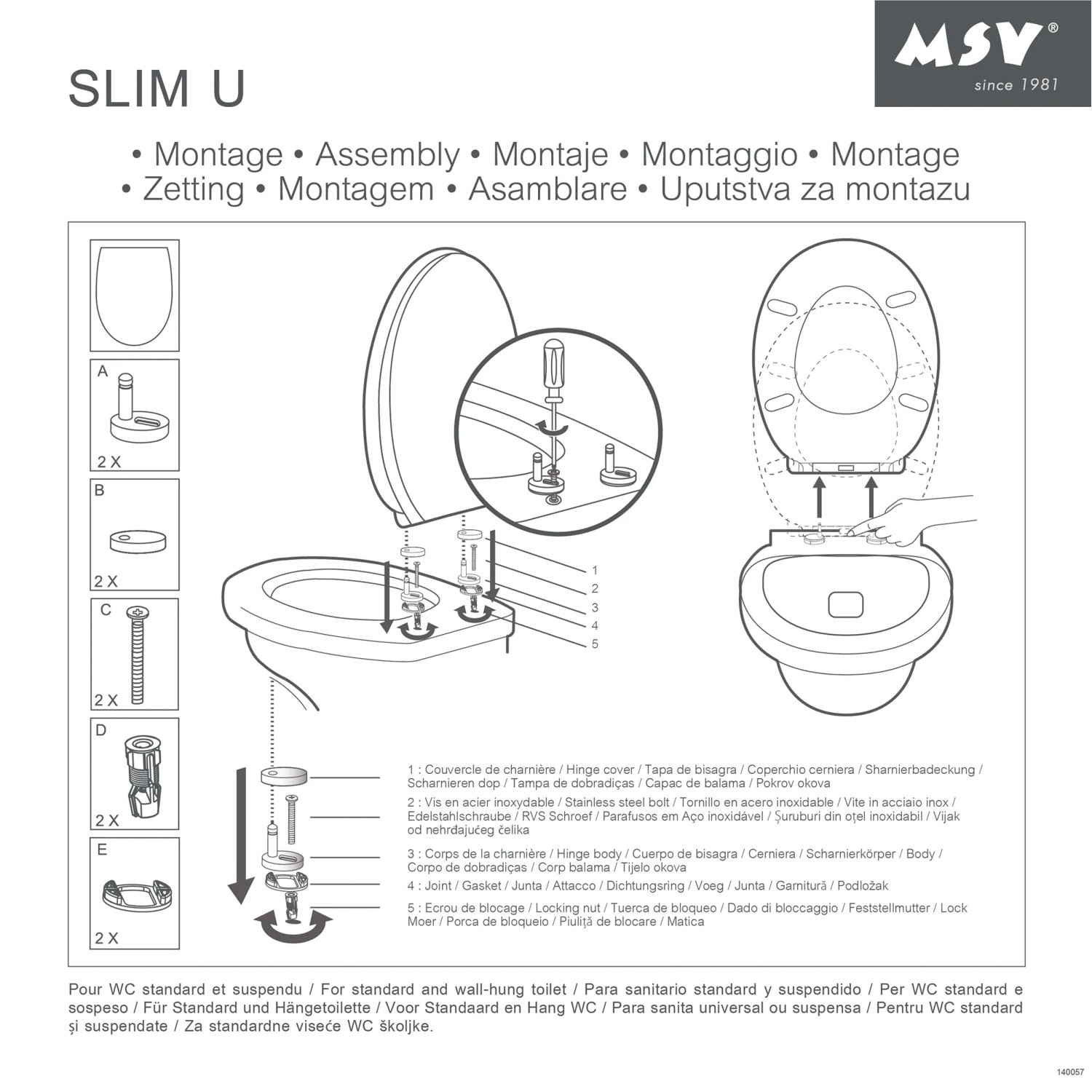 Montageanleitung für MSV WC-Sitz Duroplast, zeigt die einzelnen Montageschritte und Bauteile.