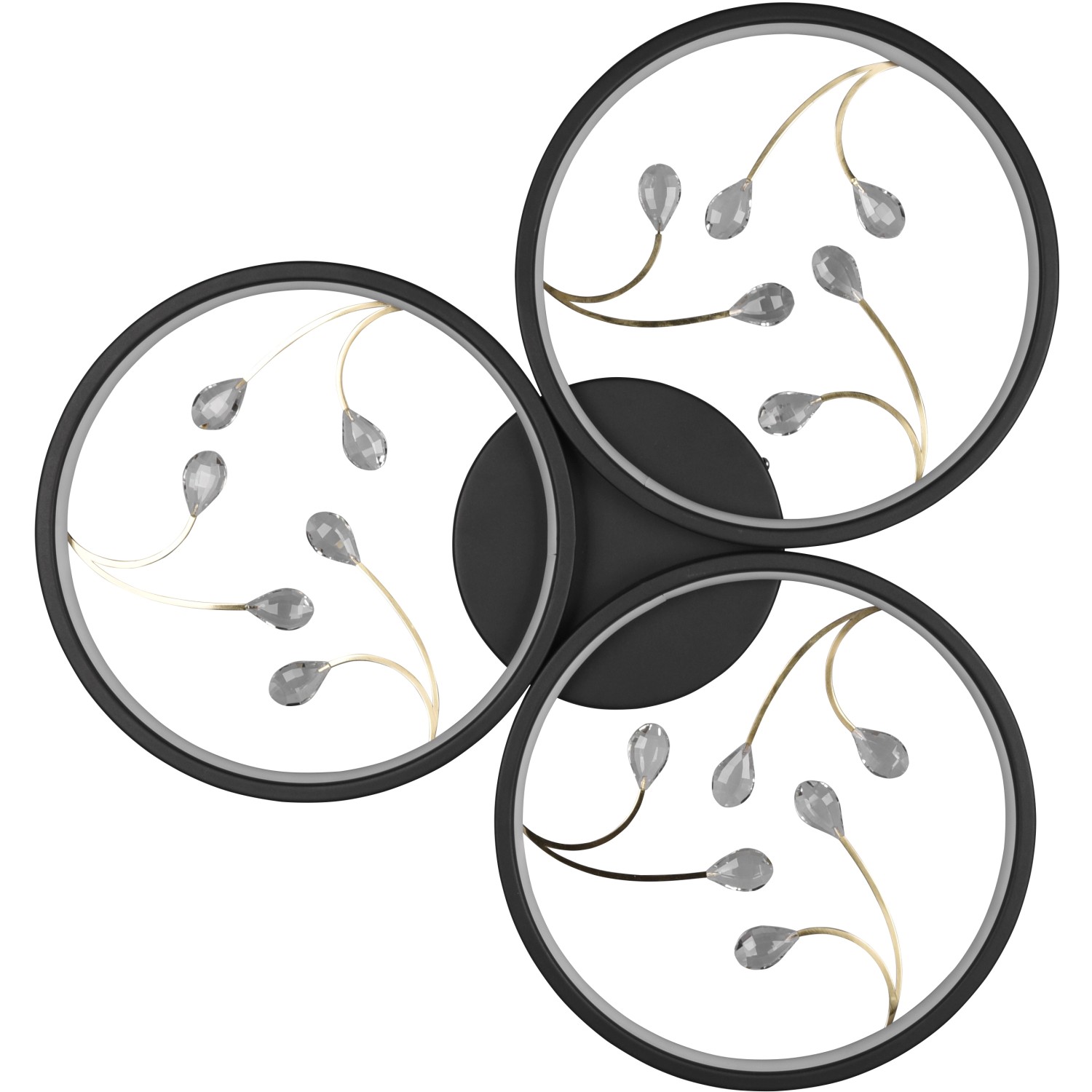 Moderne Trio LED-Deckenleuchte Groovy, schwarz matt, mit drei Lichtkreisen und Kristallbehang.
