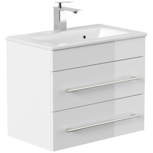 Posseik Badmöbel Portus 600 SlimLine, weiß hochglanz, mit Waschbecken und zwei Schubladen.