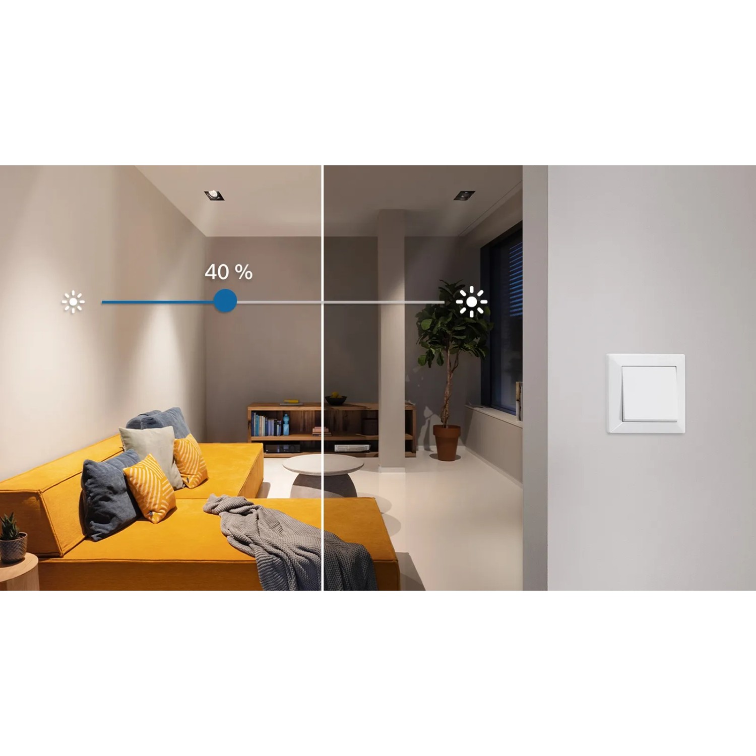 Bosch Smart Home Dimmer: Wohnraum mit gedimmter und heller Beleuchtung, Steuerung per Wandschalter.