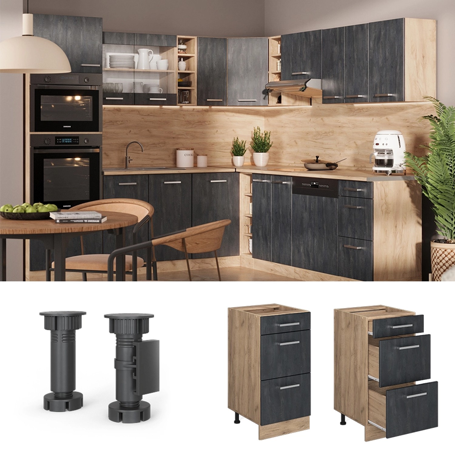 kuchenページ Vicco Fame-Line Küchenschränke Anthrazit Landhaus/Goldkraft