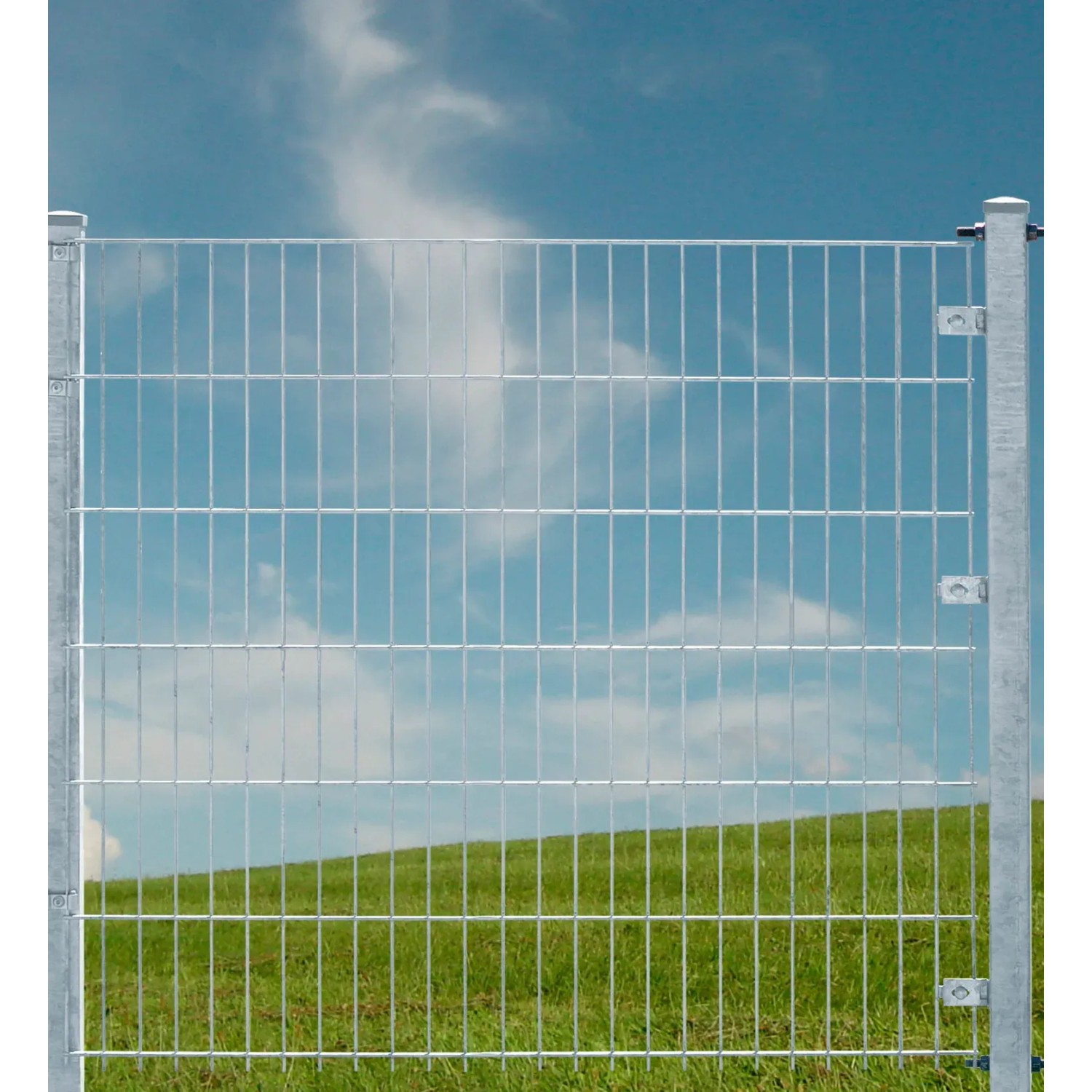 Verzinkter Doppelstabmattenzaun, 163x201 cm, vor blauem Himmel und grüner Wiese.