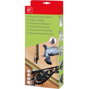 Verpackung der Swissinno Taubenabwehr-Spikes, 100 cm Länge. Effektiver Schutz gegen Tauben.