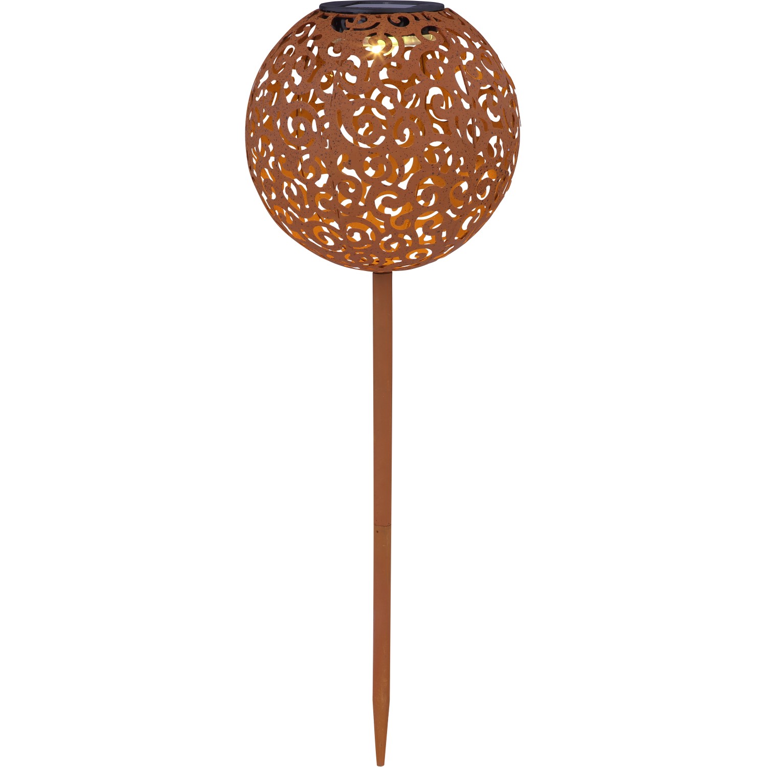 Rostfarbene Globo LED Solar-Kugel Leuchte mit Dekogeflecht und Erdspieß, 54cm hoch.