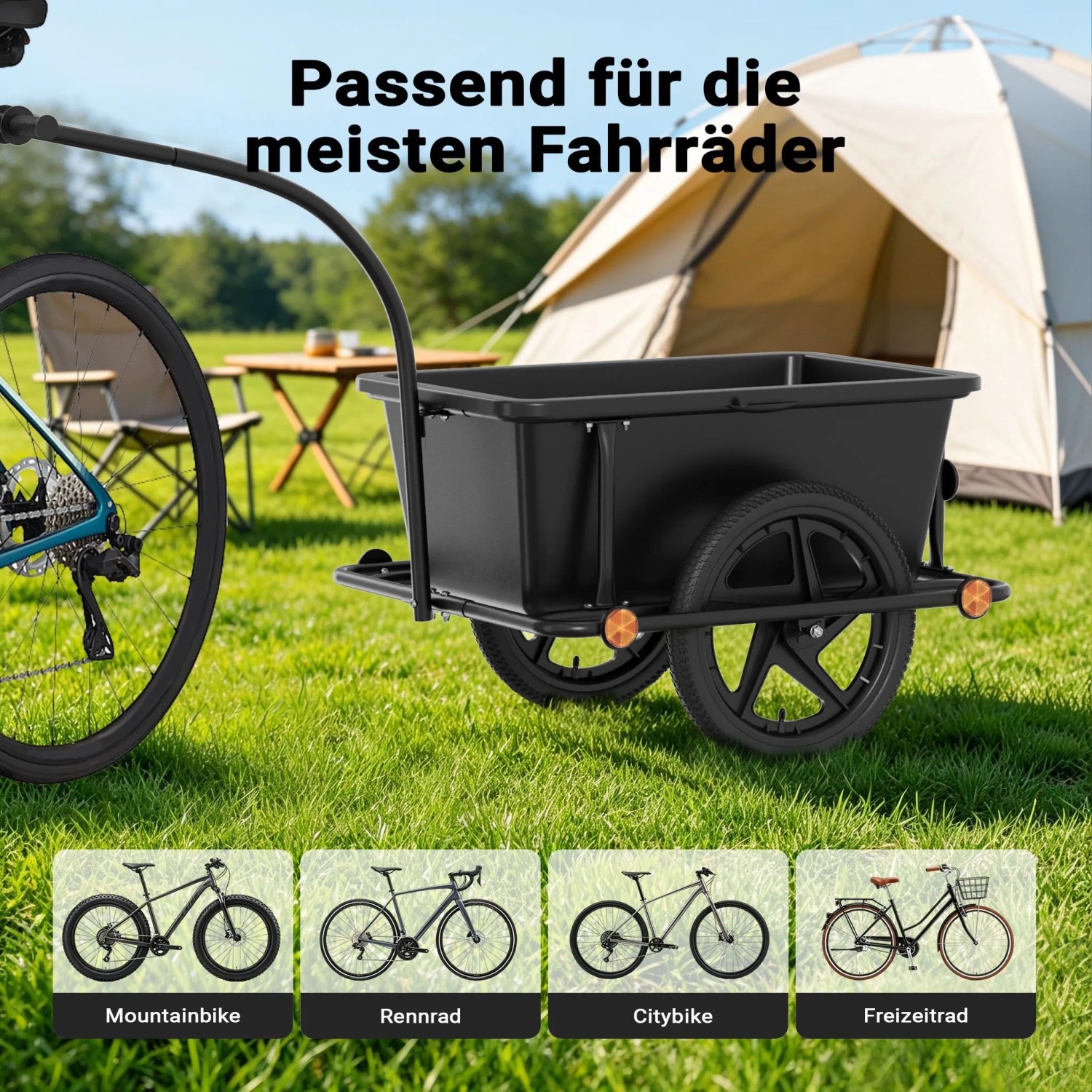 Schwarzer Wiltec Lastenanhänger mit Wanne, an Fahrrad gekoppelt, im Grünen vor Zelt. Passt für viele Fahrradtypen.