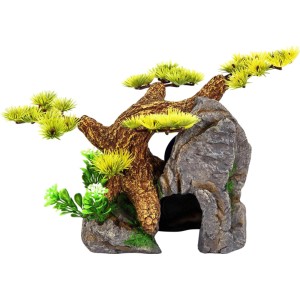 Aquarium Deko Bonsai Höhle: Dekorative Höhle mit Bonsai-Baum für Aquarien.