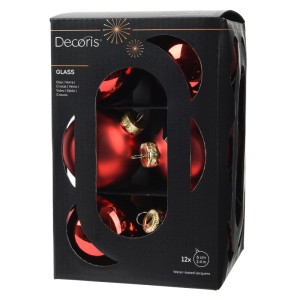 Decoris Weihnachtskugeln aus rotem Glas, 12 Stück, Ø 6 cm, glänzend und matt, mit goldenen Kappen in schwarzer Box.