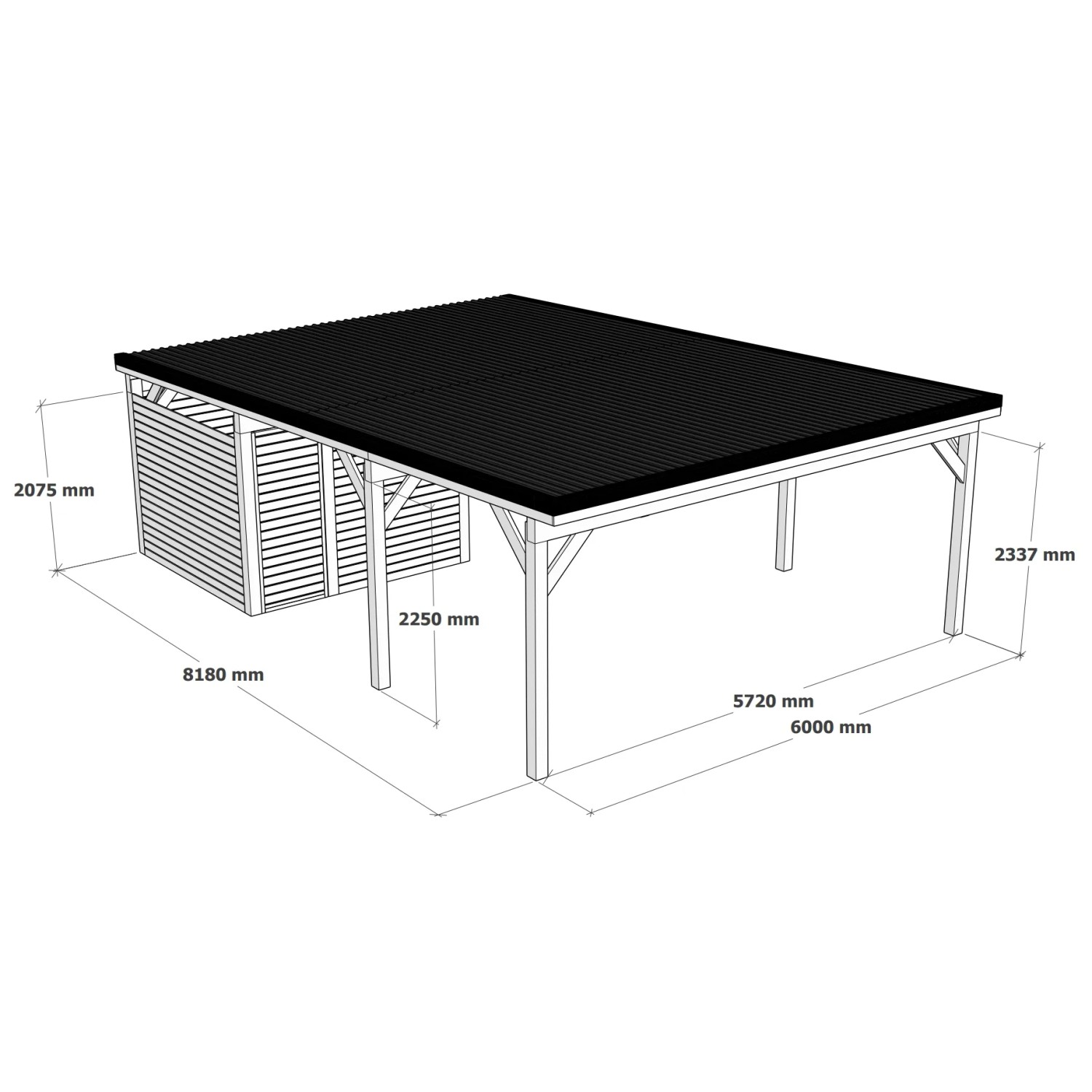 Holzbrüder Doppelcarport Ralf mit kleinem Geräteraum, imprägniert, dunkelgraues Dach, Maße: 600 x 868 cm.
