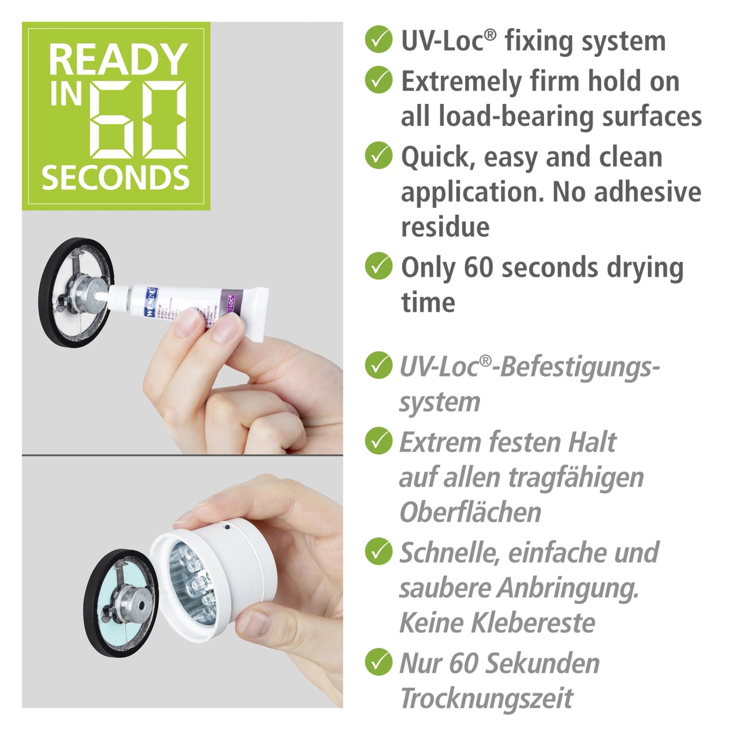 UV-Loc Klebesystem für Wenko Eckablage: Schnelle, saubere Montage ohne Bohren in 60 Sekunden.