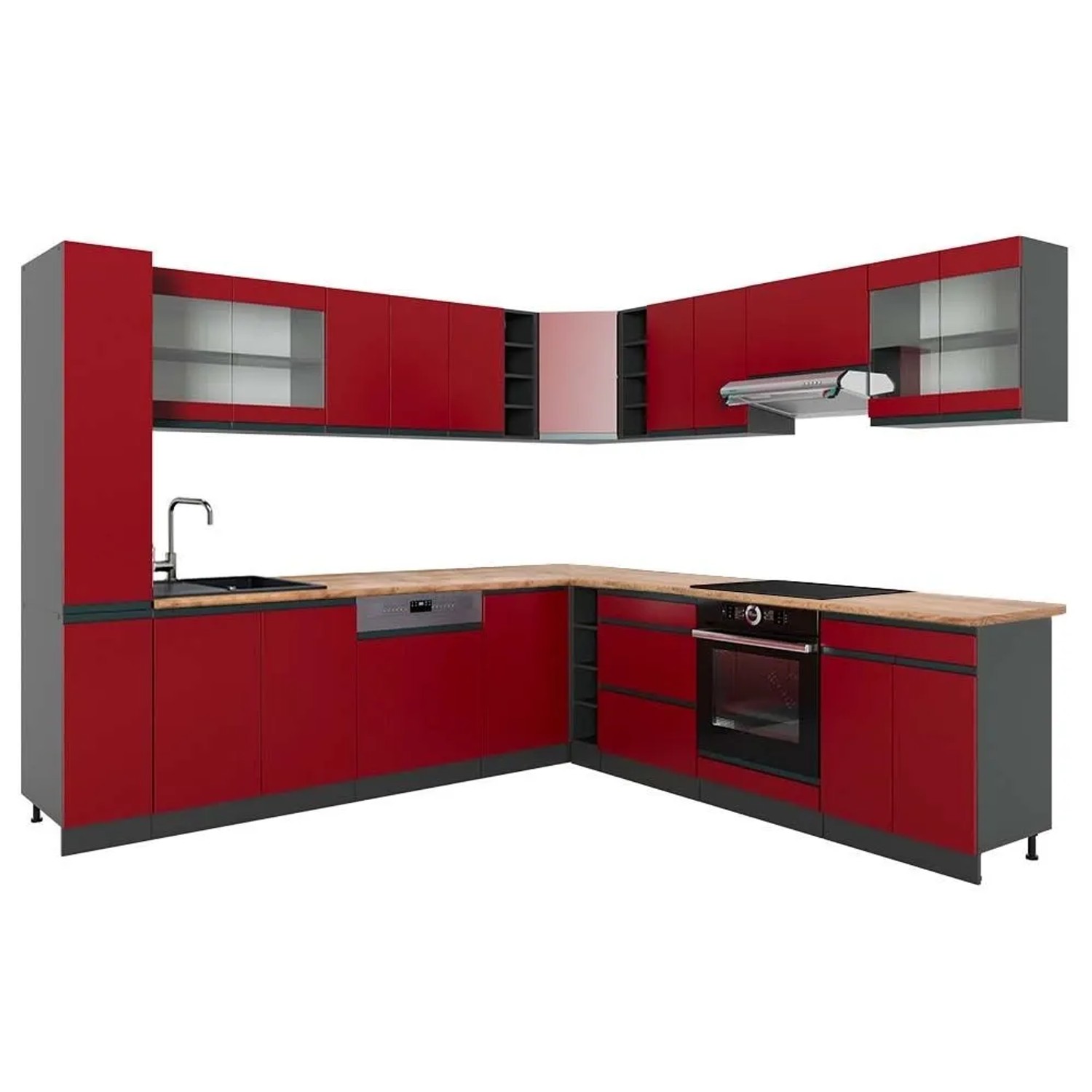Vicco Eckküche R-Line Rot/Anthrazit 277 x 82 J-Shape, AP Eiche