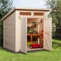 Unbehandeltes Weka Holz-Gartenhaus Triest mit Pultdach und geöffneten Türen, Gartengeräte sichtbar.