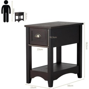 Dunkelbrauner Beistelltisch Walnuss mit Schublade, Ablage und Metallgriff. Elegantes Holzmöbel für Wohnzimmer, Schlafzimmer.
