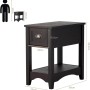 Dunkelbrauner Beistelltisch Walnuss mit Schublade, Ablage und Metallgriff. Elegantes Holzmöbel für Wohnzimmer, Schlafzimmer.