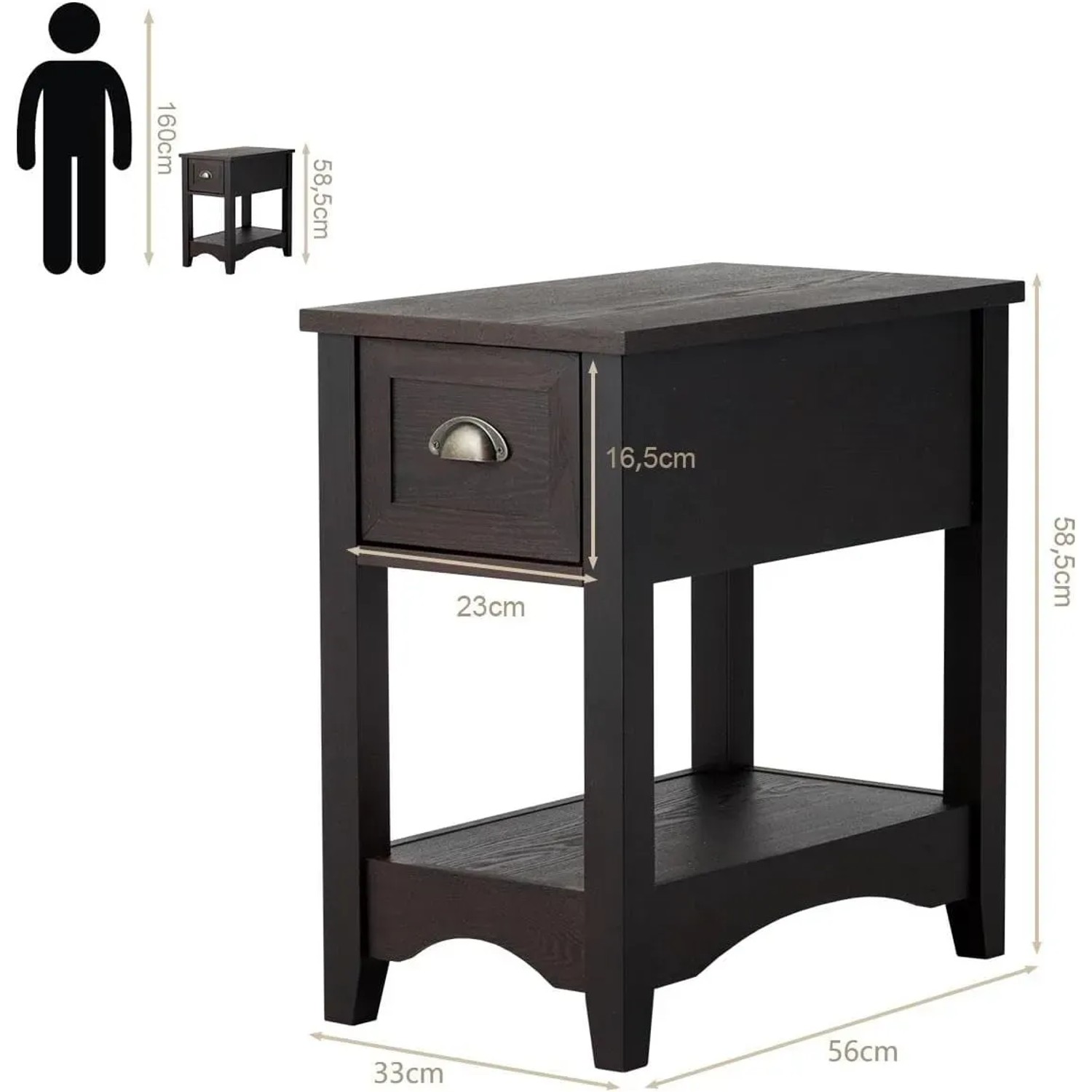 Dunkelbrauner Beistelltisch Walnuss mit Schublade, Ablage und Metallgriff. Elegantes Holzmöbel für Wohnzimmer, Schlafzimmer.