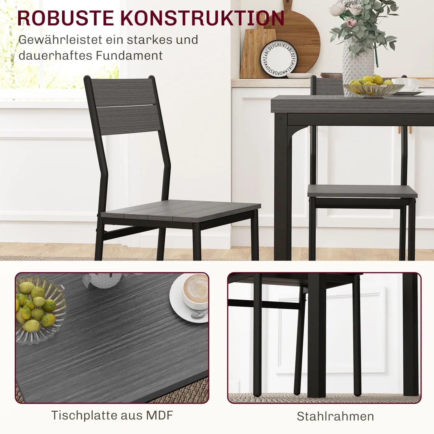 HOMCOM Essgruppe im Landhausstil, 3-teilig mit Tisch und Stühlen in Grau und Schwarz.