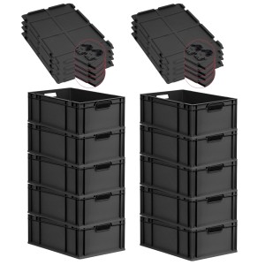 PROREGAL SuperSparSet: 10 schwarze Euroboxen mit Deckel, 44 Liter, stapelbar.
