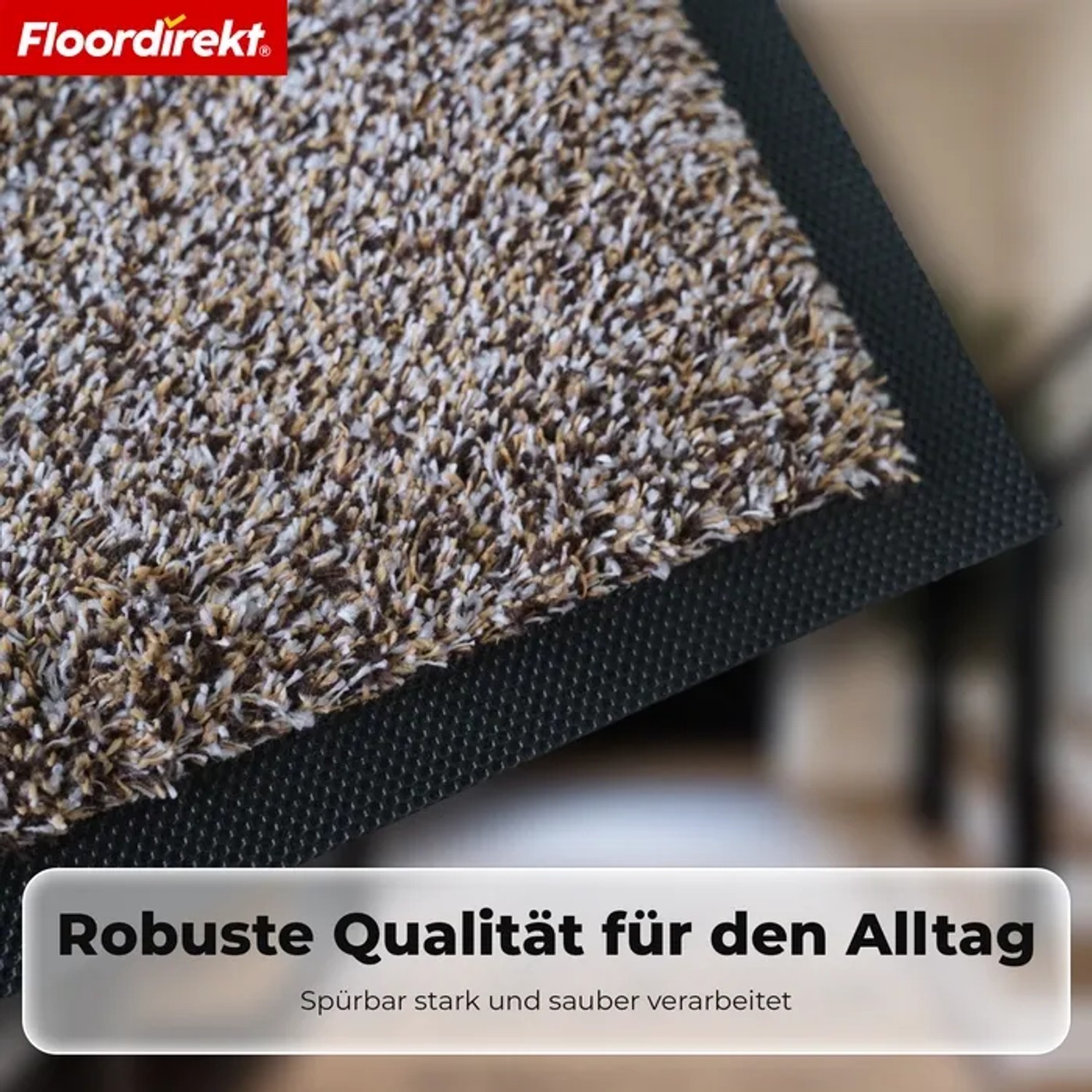 Beige melierte Floordirekt Schmutzfangmatte aus Baumwolle mit sichtbarer rutschfester TPE-Rückseite, waschbar.