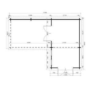 Grundriss der Finntherm Gartensauna Quinta ISO, 520x720 cm, mit Maßangaben.