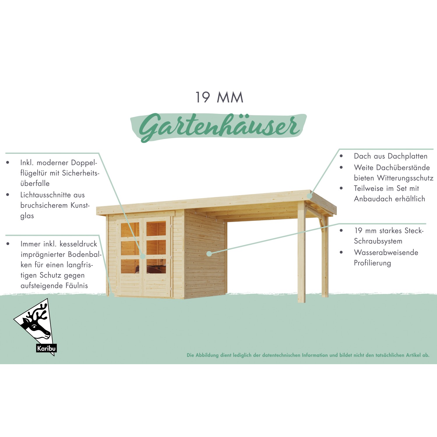 Karibu Gartenhaus Stockach 3, schwarz, mit Pultdach und Anbau. Holz-Gartenhaus mit Doppeltür und Fenstern.