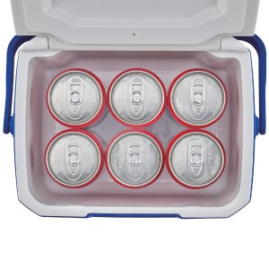 Offene Campingaz Kühlbox blau-weiß mit 6 Getränkedosen. Ideal für unterwegs.