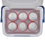 Offene Campingaz Kühlbox blau-weiß mit 6 Getränkedosen. Ideal für unterwegs.