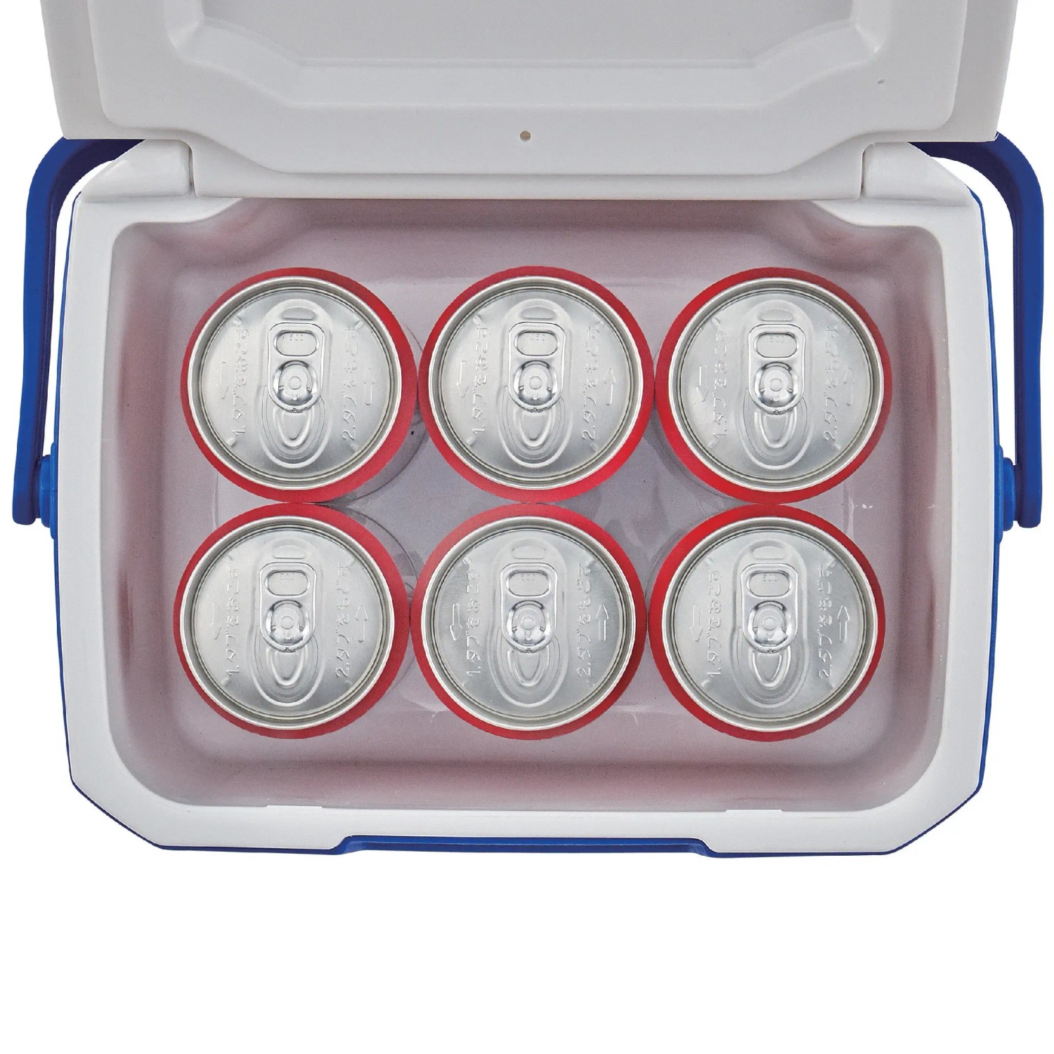 Offene Campingaz Kühlbox blau-weiß mit 6 Getränkedosen. Ideal für unterwegs.
